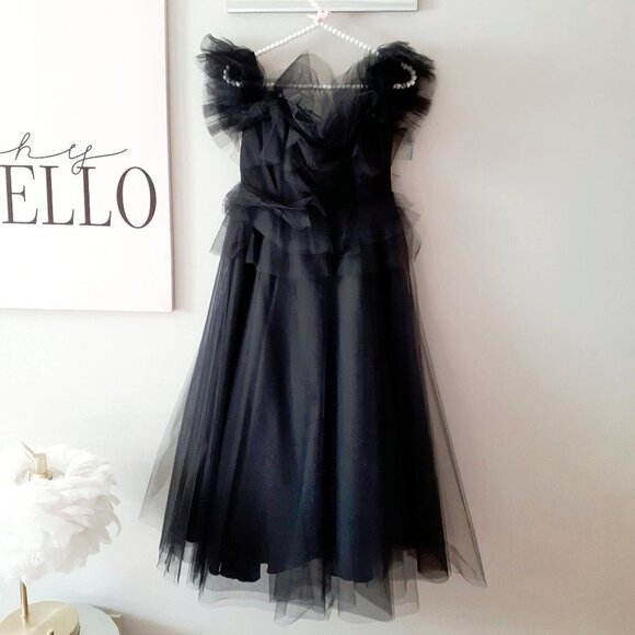 NWOT Imperial Maska Mode black tulle organza tiered ruffle long holiday dress, M - Picture 9 of 14